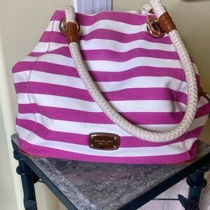 Michael Kors Fushcia Pink and White Striped Canvas Tote Bag